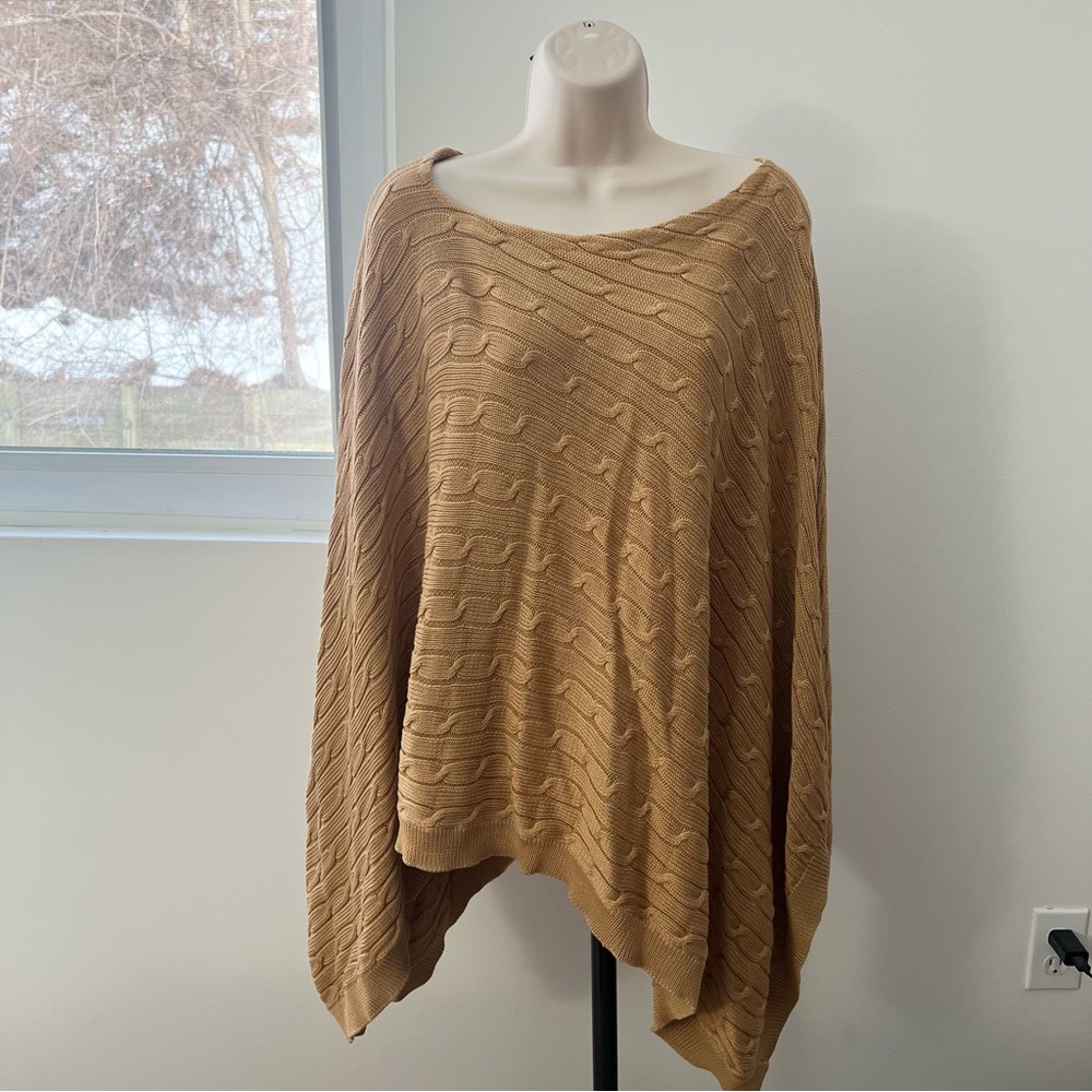Ralph Lauren Women’s Tan‎ Poncho Cable Knit Boat Neck Sweater M/L 100% Cotton